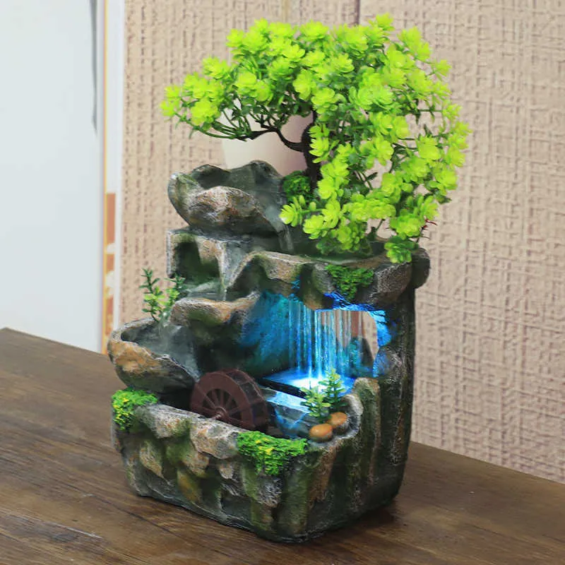 Fonte de água corrente Feng Shui criativa Desktop Resina Rockery Paisagem Cachoeira Fonte Artesanato com mudança de Led de 7 cores 210811