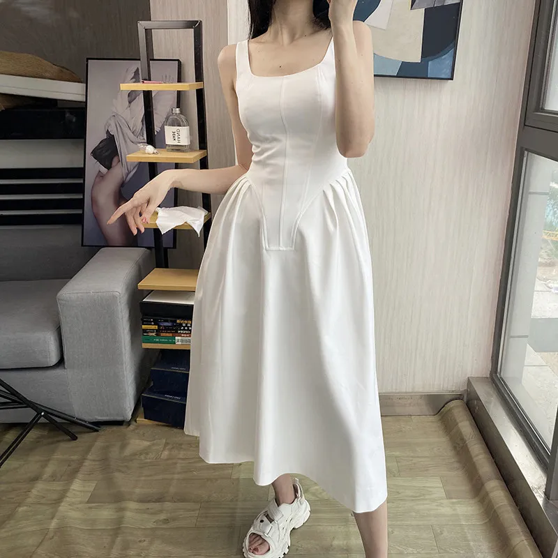 Femmes blanc Sexy robe de bal genou longueur robe col carré sans manches coupe ample mode marée printemps été GX891 210421