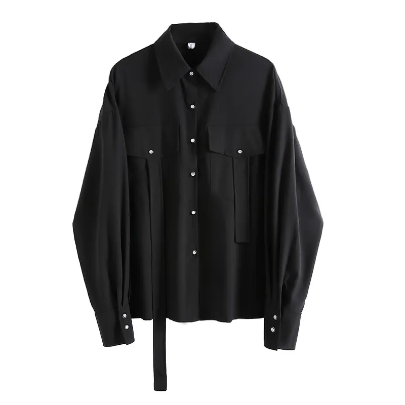 Harajuku Frauen Blusen Punk Streetwear Schwarz Casual Vintage Gothic Bluse Student Langarm Lose Drehen Unten Kragen Hemd Tops 210417