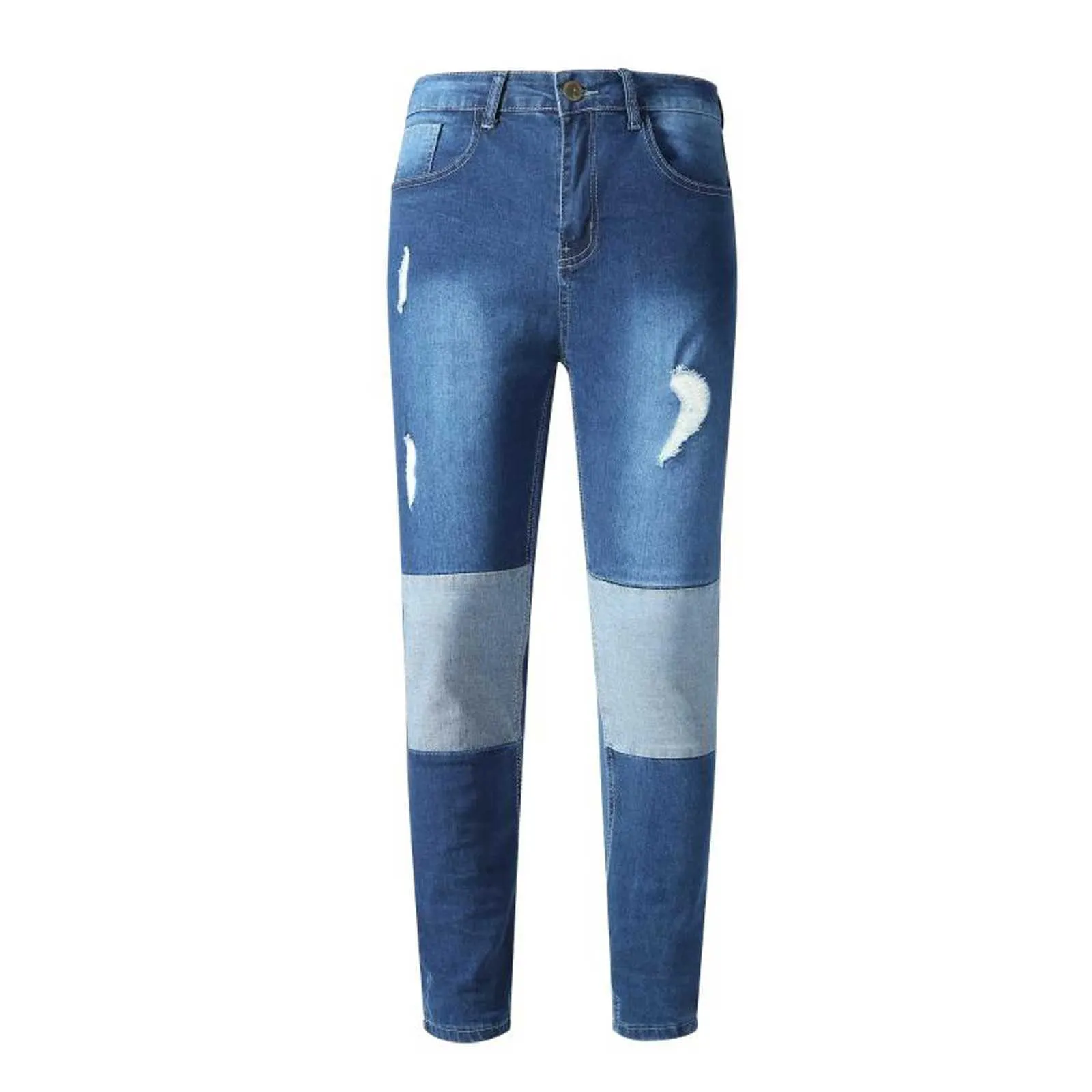 Fashion Men Hole Ripped Zipper High Waist Stretch Skinny Denim Pants Trousers Casual Skinny Jeans Pencil Pants Plus Size#35 X0621