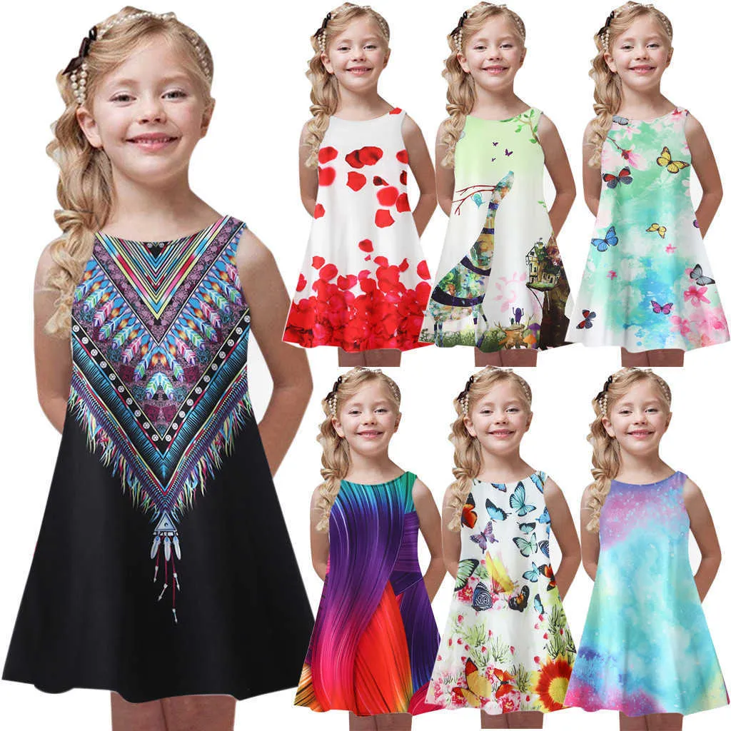 2021 neue Kleinkind Mädchen Sommer Kleid Kinder Baby Print Party Ärmellose Kleider Mode Lässig Kinder Mädchen Kleid 4 5 6 7 8 9 jahre Q0716