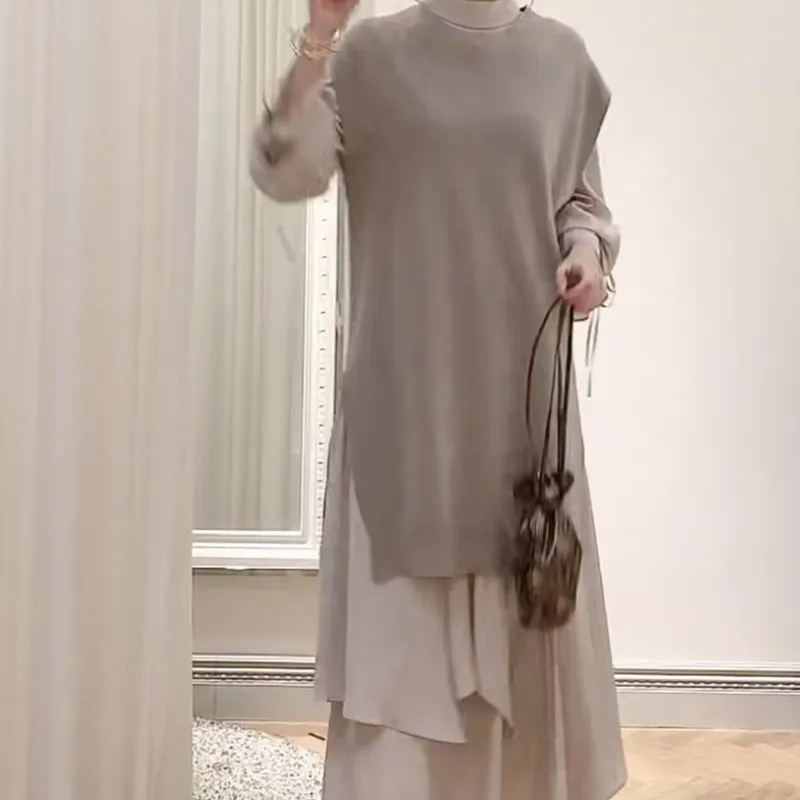 일본 불규칙한 디자인 패션 여성 세트 스탠드 칼라 긴 소매 높은 허리 엉덩이 드레스 + O 넥 민소매 니트 조끼 정장 210514