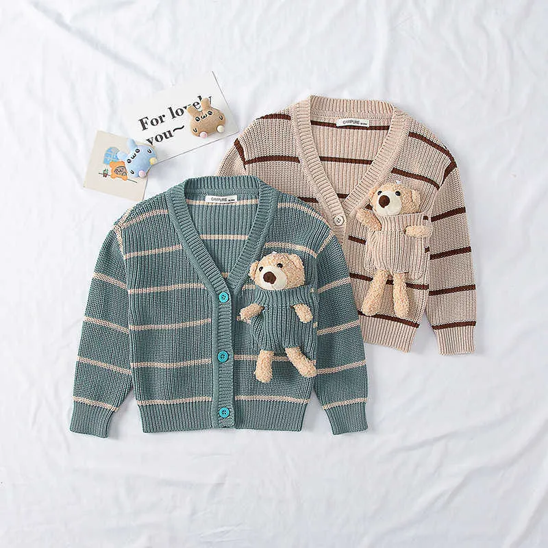 Outono Bebê Bebê Meninos Teddy Bear Sweater Cardigans Crianças Roupas de Algodão Criança Meninos Longa-manga V-pescoço Jumper Jumper Knitwear Casaco Tops Y1024