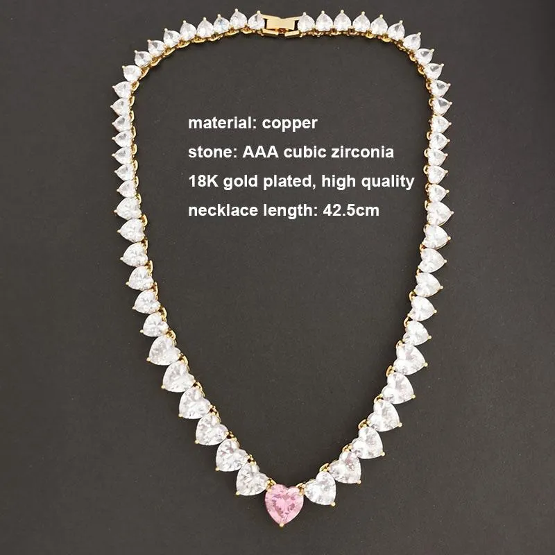 Chokers QMHJE Crystal Pink Stone Heart Love Necklace Choker Women Wedding Engagement Gold Silver Color Tennis Infinity Luxury Jewl239u