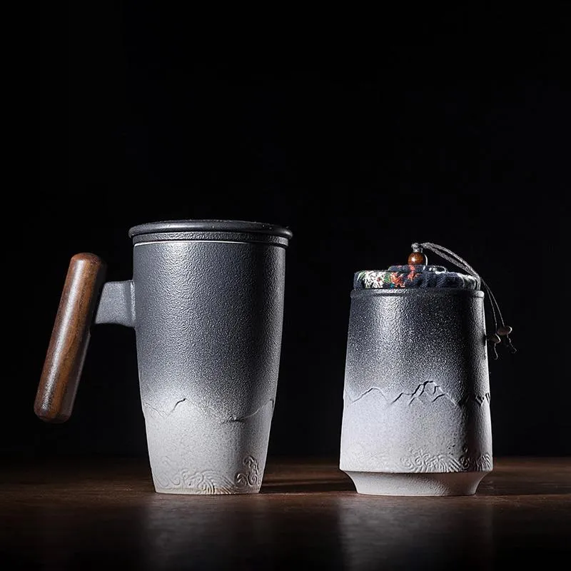 Tasses Tasse de thé rétro de luxe tasse en céramique grande capacité filtre de bureau eau noire avec couvercle tasses à poignée en bois idées cadeaux Box327p