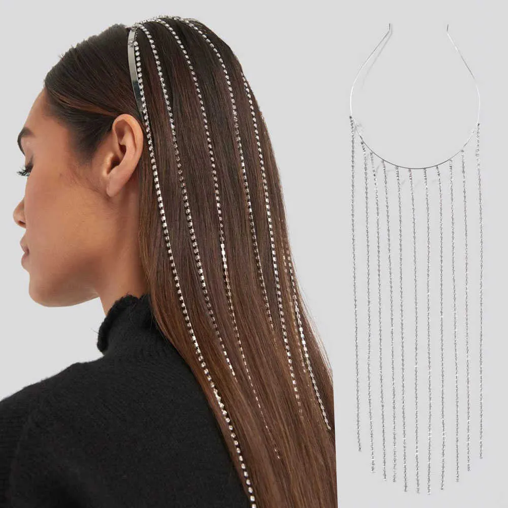Stonefans Fashion Long Tassel Headband Hair Hoop Jewelry for Women Bridal Crystal Head Chain Tiara 210616