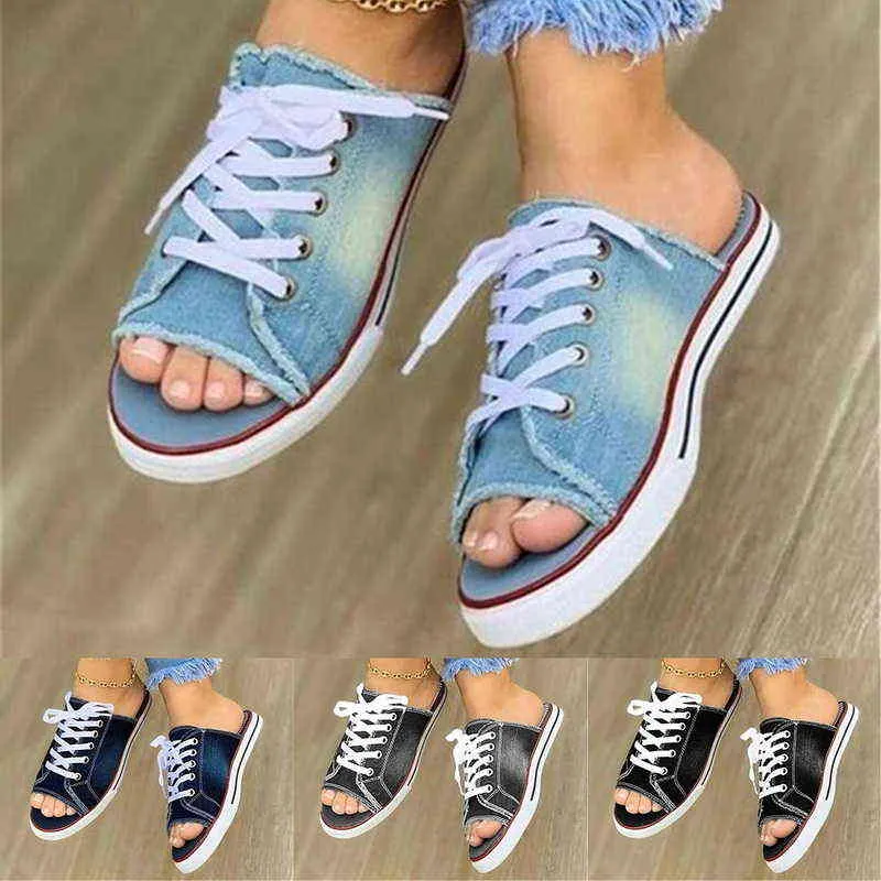 Kadın Yaz Sandalet Flats Ayakkabı Kadın Seksi Terlik Slaytlar Dantel Up Artı Boyutu Denim Jean Sandalias Mujer G220218