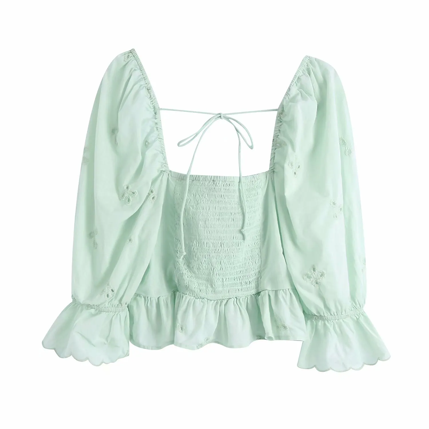 Femme Blouses Vert À Volants Manches Bouffantes Femmes D'été Broderie Crop Blouse Femme Col Carré Cutwork Dames Tops 210430