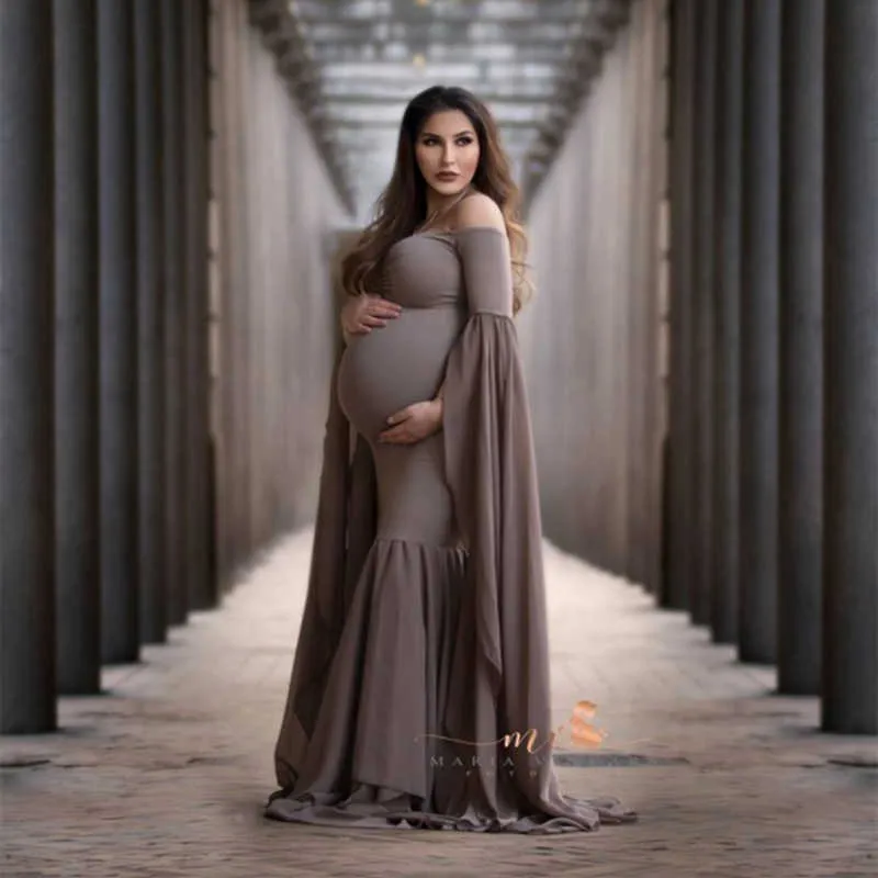 Elegante sin hombros accesorios de fotografía de maternidad vestido largo para mujeres embarazadas elegante vestido de embarazo Sexy Maxi vestido sesión de fotos Y0924