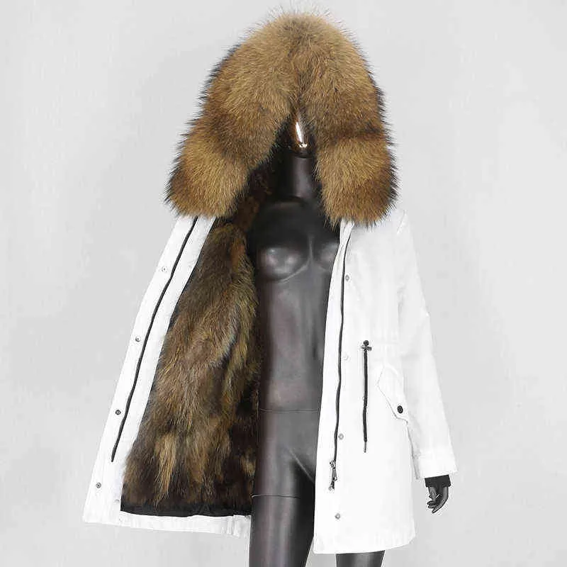 CXFS réel manteau de fourrure veste d'hiver femmes longue Parka imperméable naturel fourrure de raton laveur col capuche épaisse doublure de fourrure chaude 211129