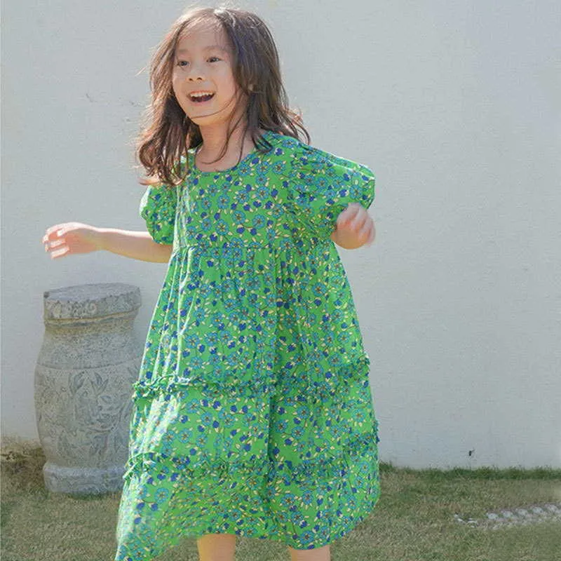 Korean Style Summer Kids Girls Dress Green Floral Long Short Puff Sleeves Princess Children Clothes 1-7 Years E13 210610