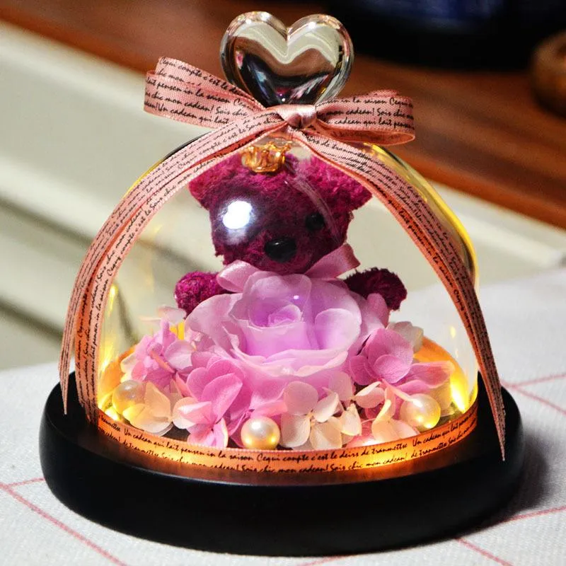 Flores decorativas grinaldas eterna preservada rosa adorável urso de pelúcia no coração cúpula de vidro com luz led casamento decoração para casa mother254i
