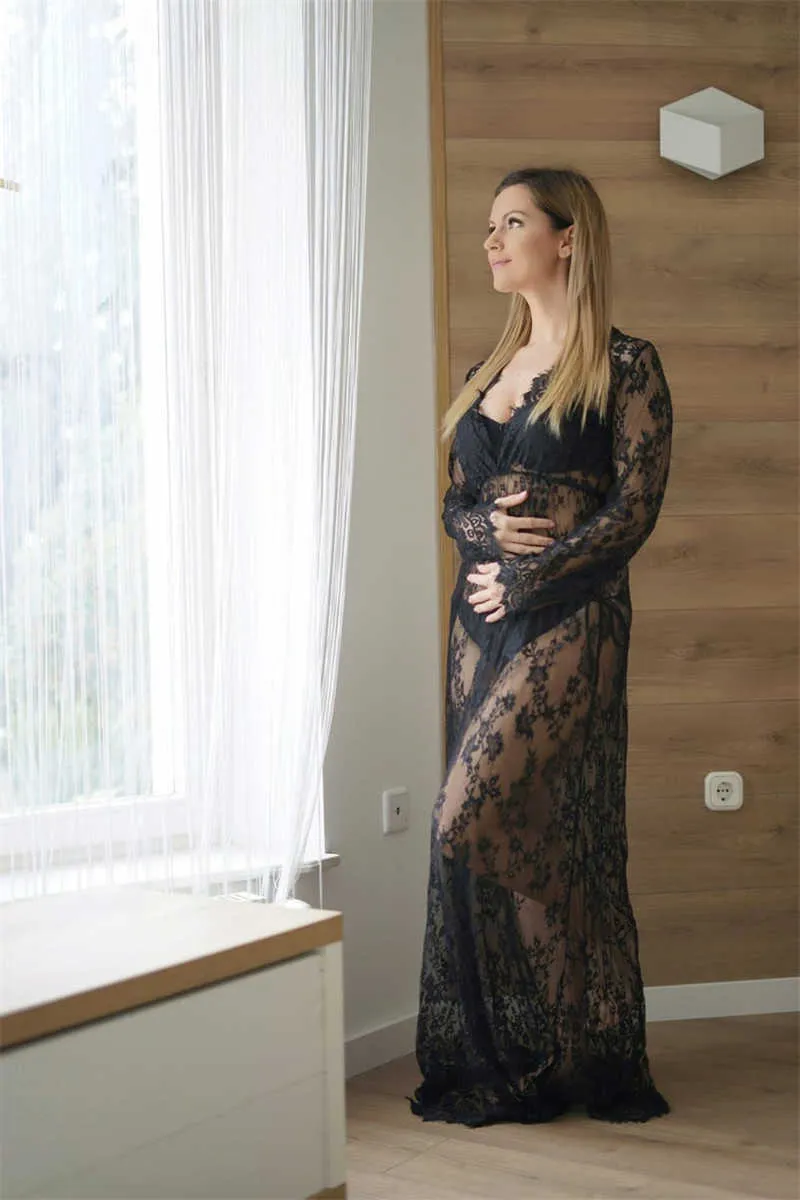 Sukienki macierzyńskie do sesji zdjęciowej Kobiety ciąża sukienka koronkowa rekwizyty seksowne suknie macierzyńskie z długim rękawem