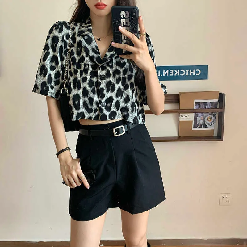 2style vintage entalhado manga curta leopardo blusa mulheres curtas moda camisas mujer casual blusas mujer imprimir verão tops 210610