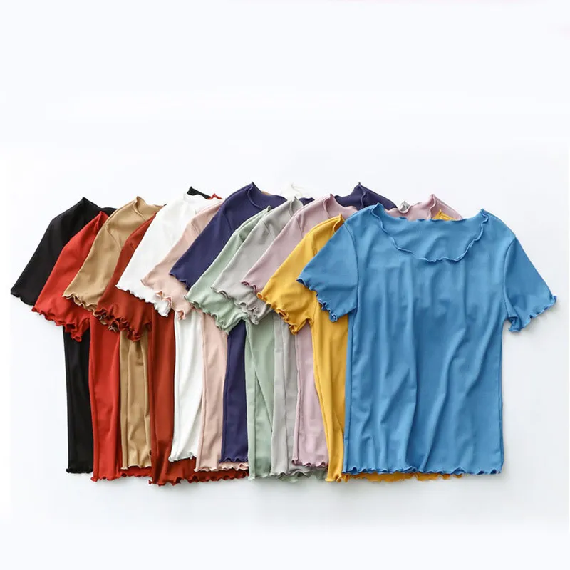 女性ナイトウェアスーツソリッドOネックフリル半袖Tシャツ+袖のないトップス弾性ショーツ夏の寝室パジャマ210524