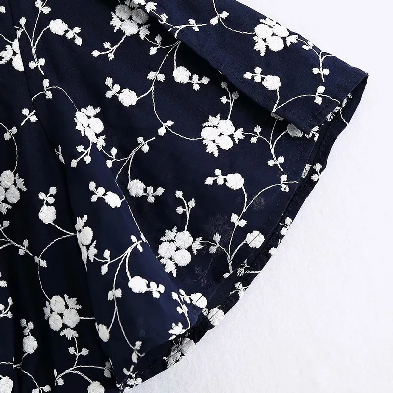 Mulheres verão vintage camisas vestido v-pescoço de manga curta botões floral bordado es feminino elegante pano de bezerro 210513
