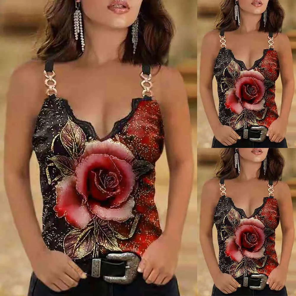 Strap Chain Ladies Vest Summer Floral Rose Printed Sleeveless Women Crop Blouse Black Red Female Tank Top D30