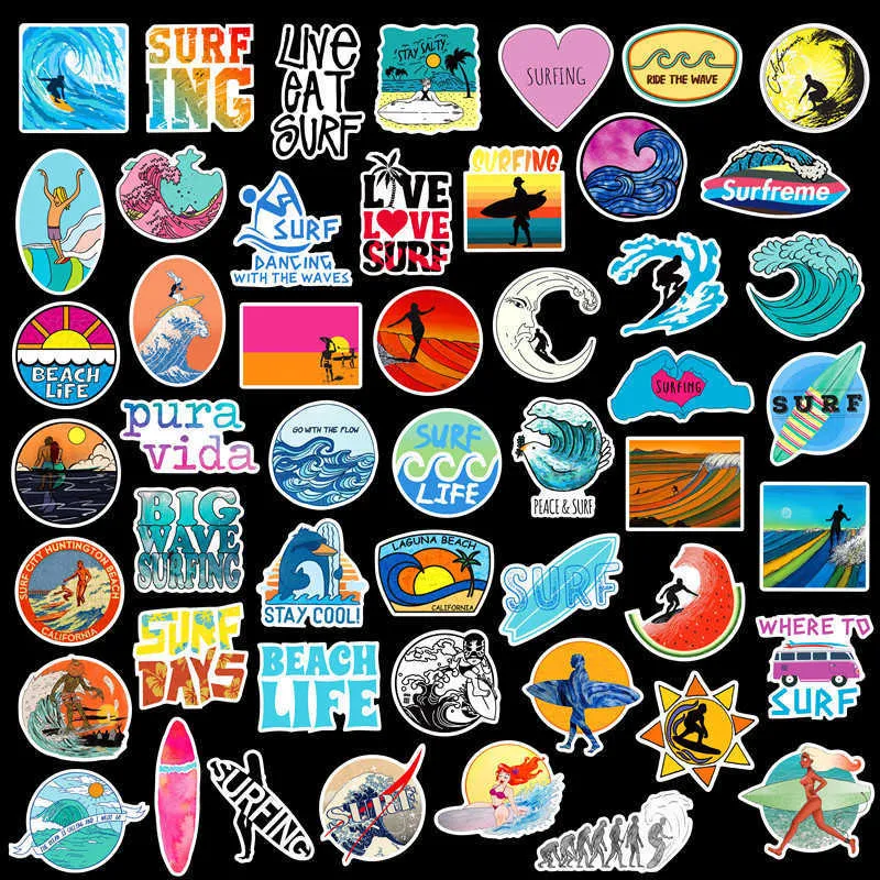 Surfen 50 stks Zomer Beach Stickers Laptop Skateboard Gitaar Bagage Case Auto Motorfiets Fiets Graffiti Stickers Waterdichte PVC Verwijderbaar