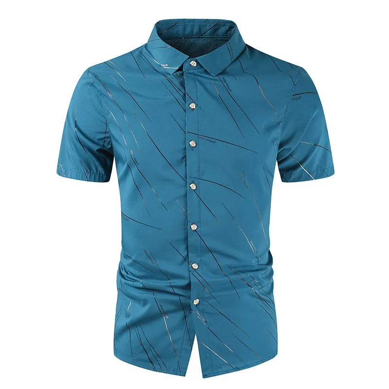 Мужчины шелковая рубашка нерегулярная линия печать мужские рубашки кнопка Slim Fit мужская одежда летние повседневные деловые мужчины платье рубашка с коротким рукавом 210524
