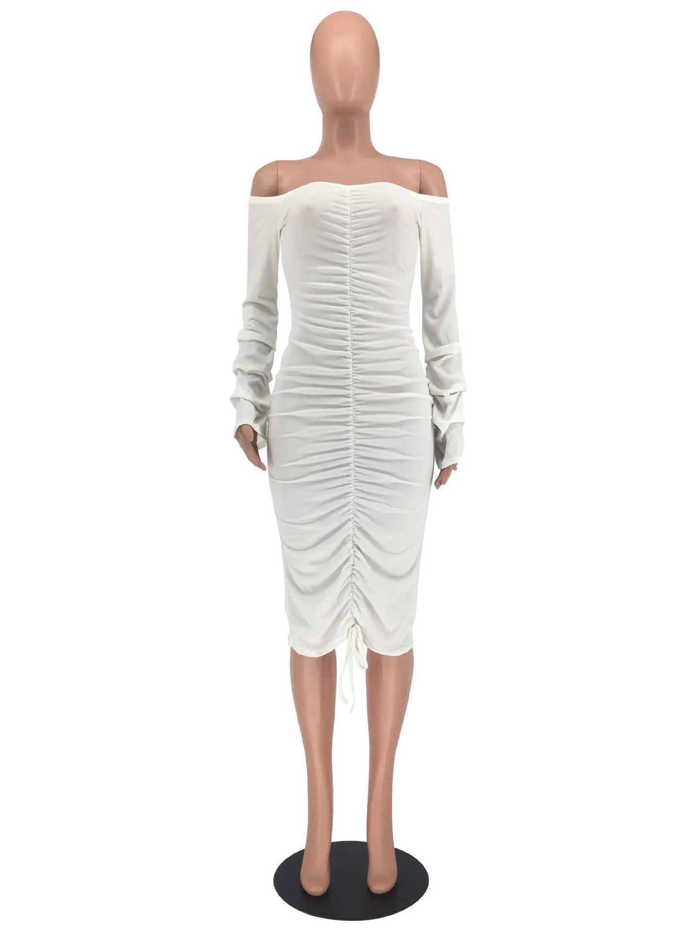 Uzun Kollu Off-omuz Seksi Sıkı-Uydurma Orta Uzunlukta Elbise Flared Kollu Pileli Katmanlı İpli Beyaz Sonbahar Elbise Y1006
