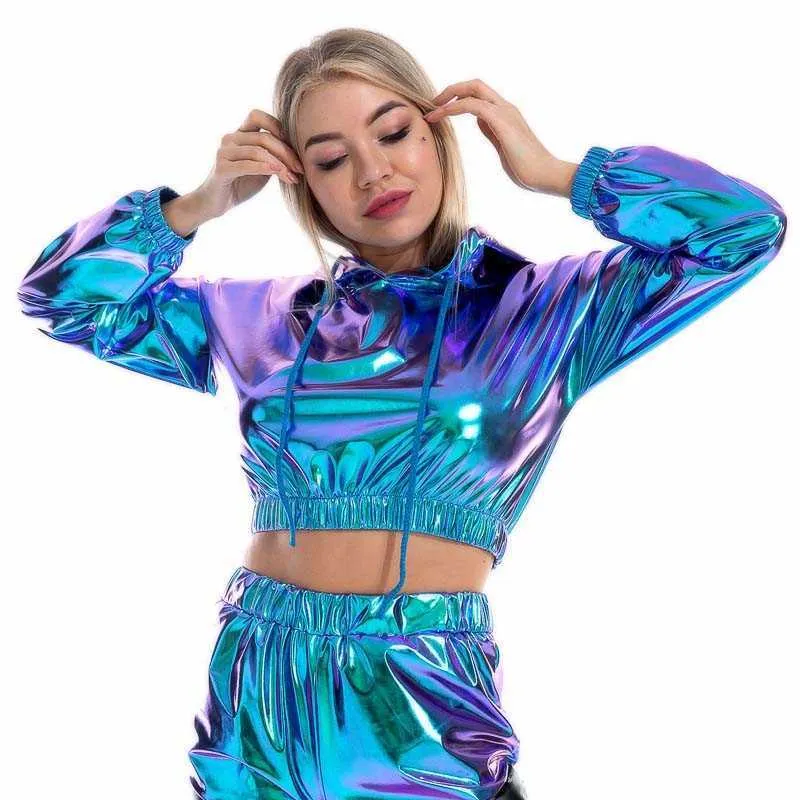Sexy abgeschnittener holografischer Hoodie, glänzender PU-Metallic-Kapuzenpullover, langärmlig, kurzes Sweatshirt mit Kordelzug, Pullover, Streetwear 210728