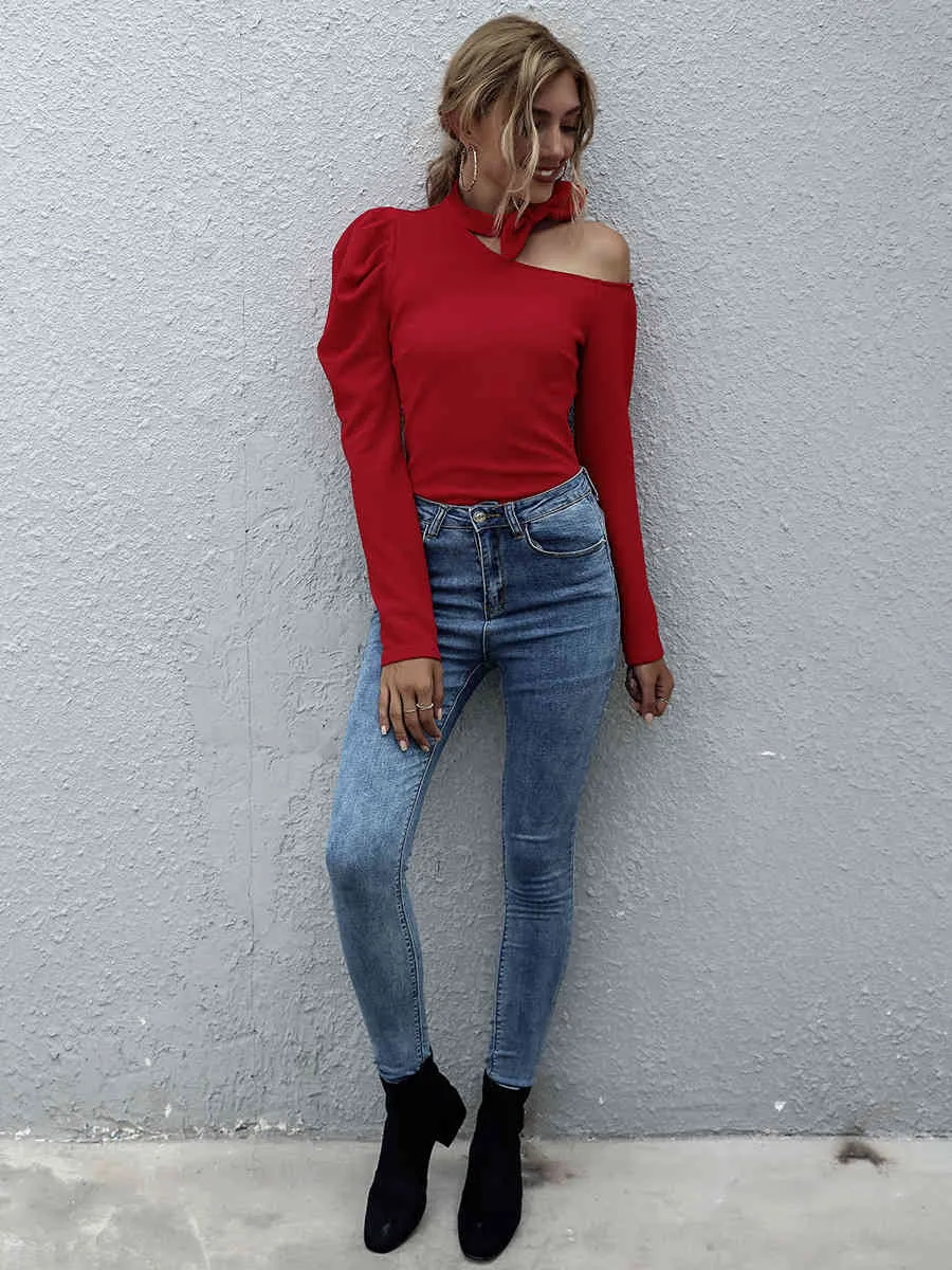Sexy One shoulder red blouse shirt Women fashion bownot choker blouse tops autumn winter Female puff sleeve blouse 210415