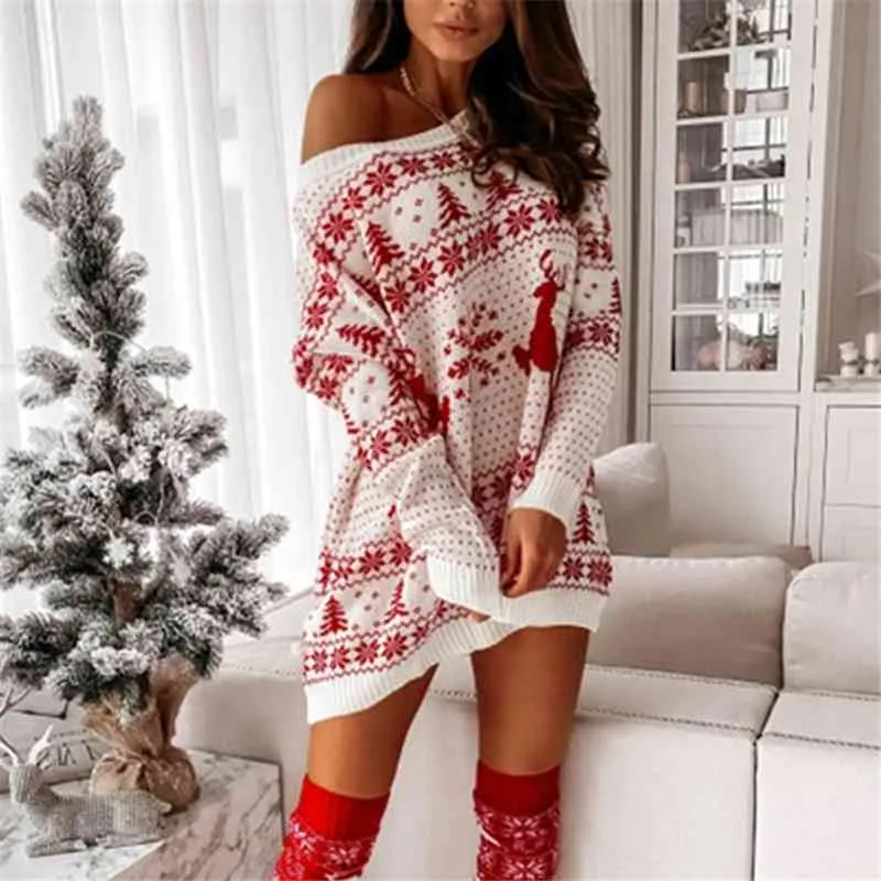 Kvinnor Jul av axeltröja Klänning Höst Vinter Långärmad Stickad Utskrift Casual Pullover Oversized Mini Dresses 210416