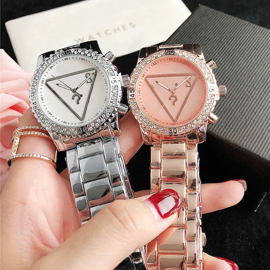 브랜드 시계 여자 여자 다이아몬드 크리스탈 삼각형 물음표 스타일 금속 스틸 밴드 석영 손목 시계 GS 46