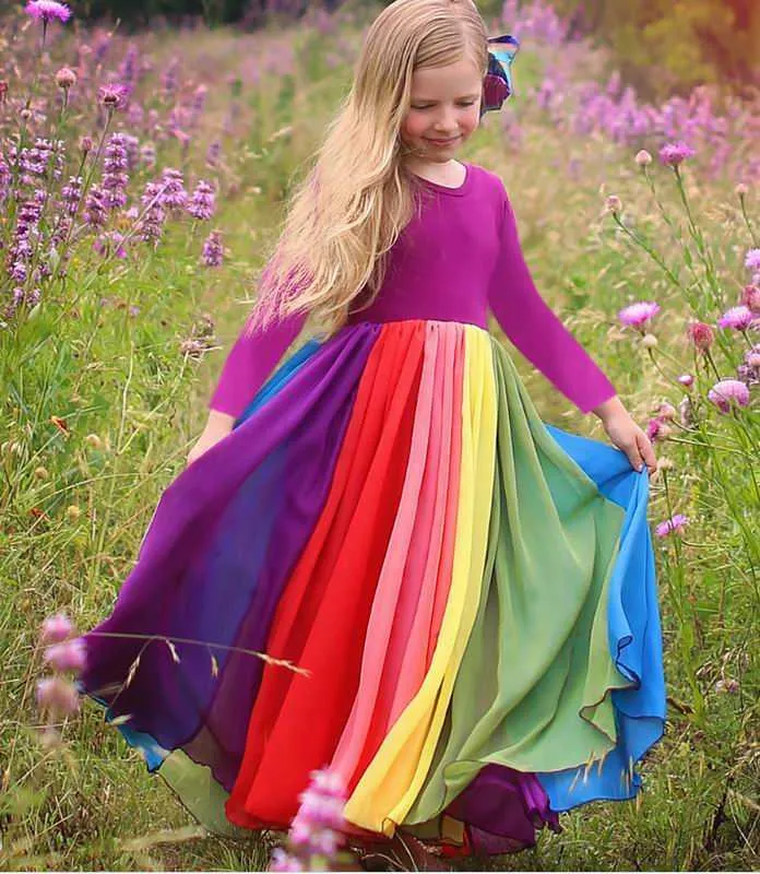 Rainbow Gauz Długa Dress Spring Sleeve Casual Es Holiday Baby Clothes 1-6Y E20113 210610