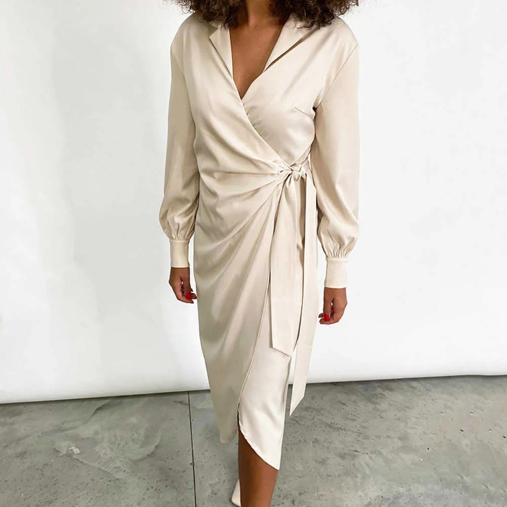 Robe élégante femmes automne 2021 à lacets Simple coupe confort français rétro robes portefeuille femme Sexy fendu Midi Robe Y1006