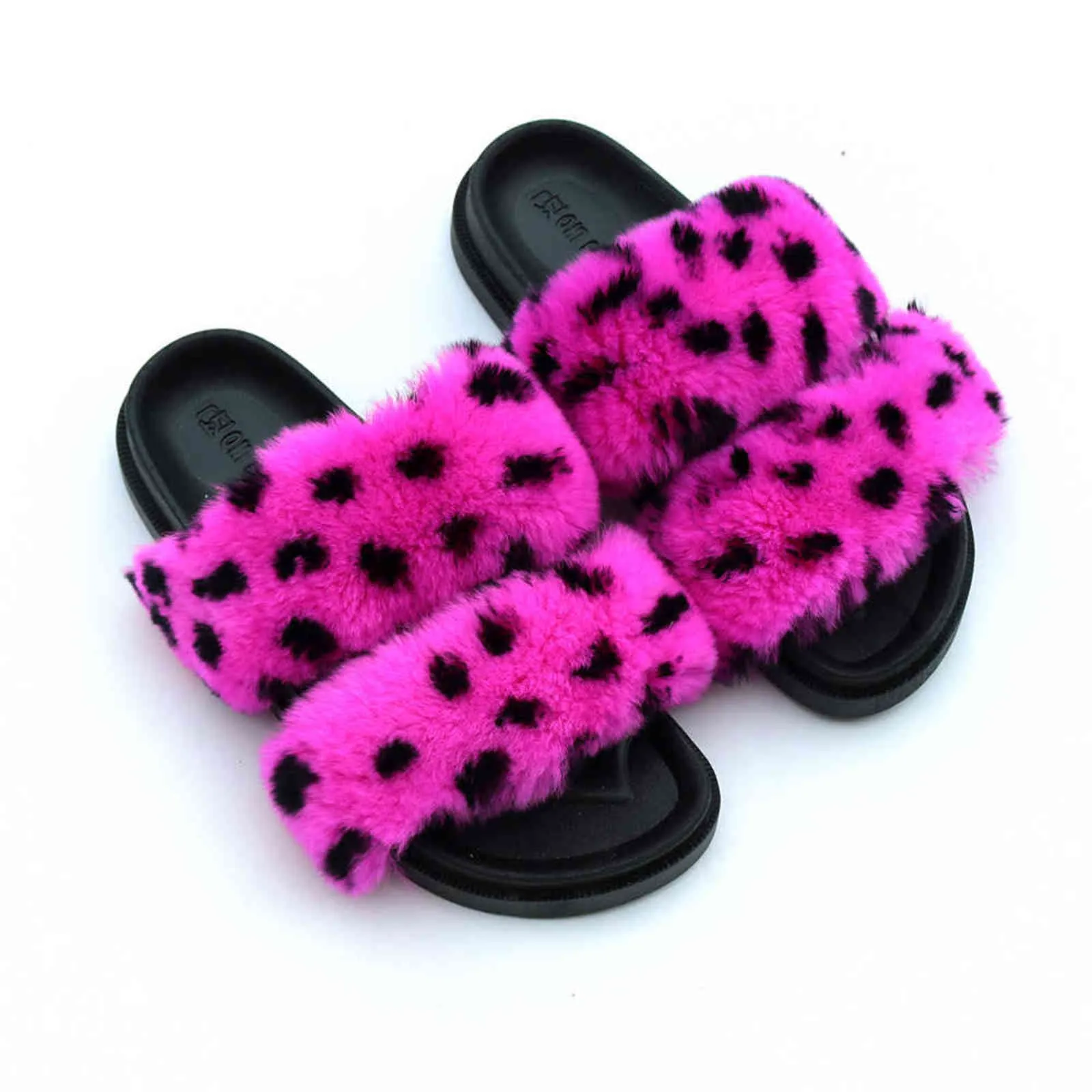 Fashion Fur Slippers For Women Fluffy Rabbit Fur Slides Flat Outdoor Rainbow Sandals Luxury Flip Flops Ladies Cute Furry Shoes H1122