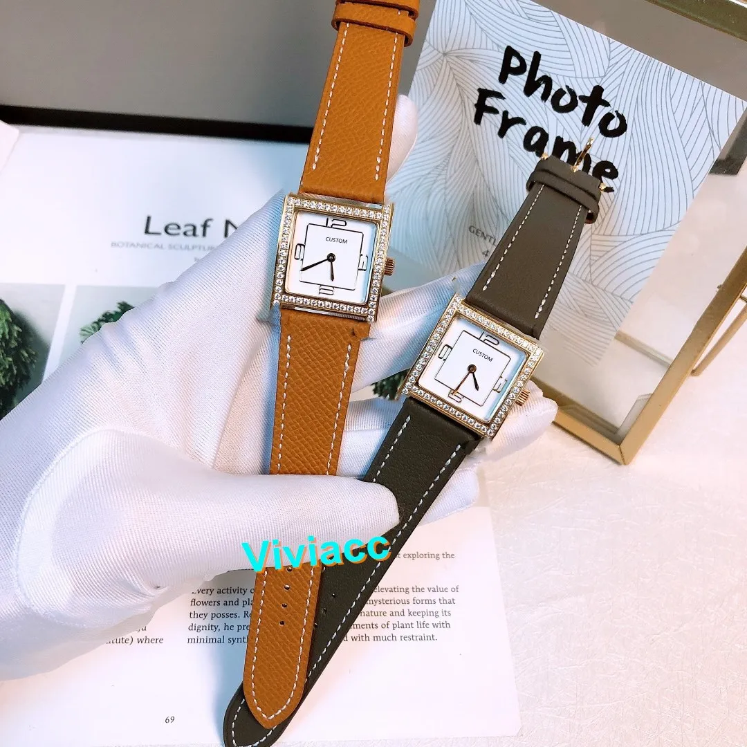 26mm Wide Fashion Lady Square Watch Genuine Leather Famous Brand Logo WristWatch Women 36912 Number Dial Zircon Clock