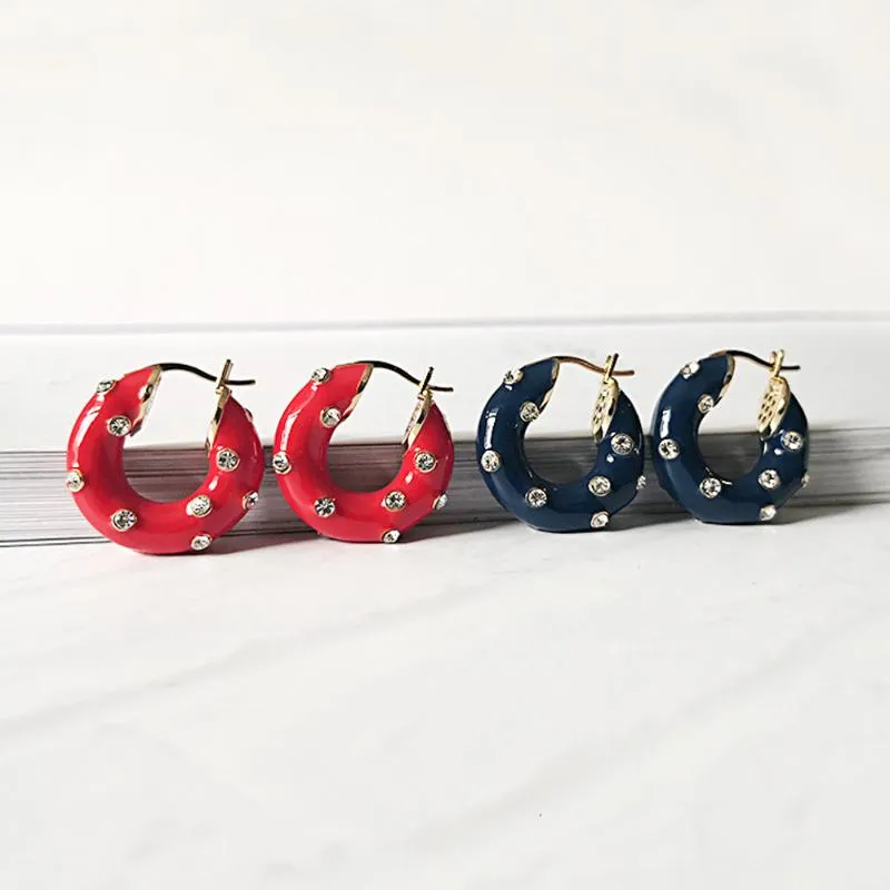 Hoop Huggie Red Blue Color Metal Small Thick Earrings For Women Dainty Rhinestones Hoops Solid Round Circle302x