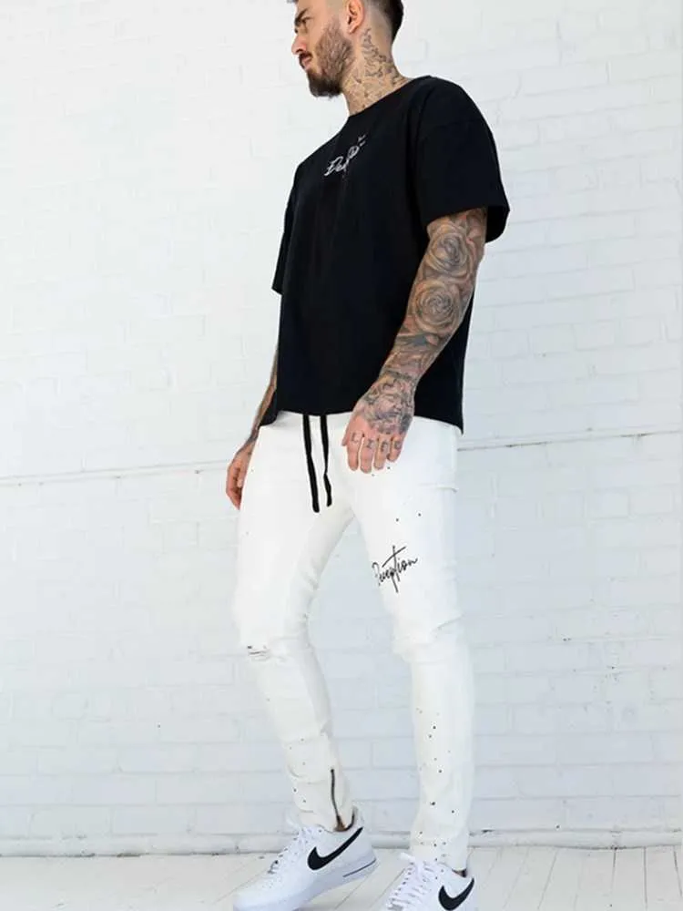 男性ソリッドカラーファッションタイトジーンズセクシーカジュアルホールリッピングデザインストリートウェア刺繍鉛筆パンツ男性足首ジッパースリムジーンズx0621