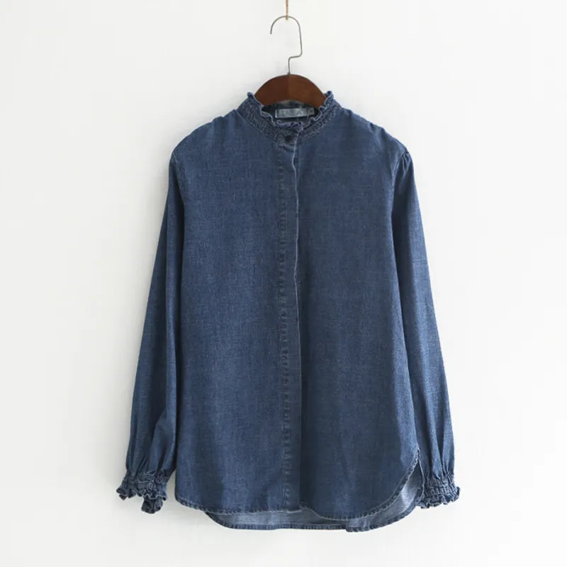 Johnature Denim Shirt voor Dames Lente Lange Mouw Blauw Casual Dames Doeken Knop Vintage Tops en Blouses 210521