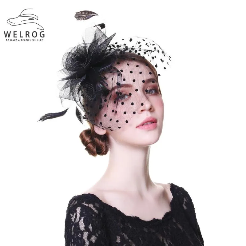 Geizige Krempe Hüte WELROG Frauen Fancy Feather Party Hochzeit Kopfbedeckung Fascinator Veil Dot Print Garn Stirnband mit Clips245b