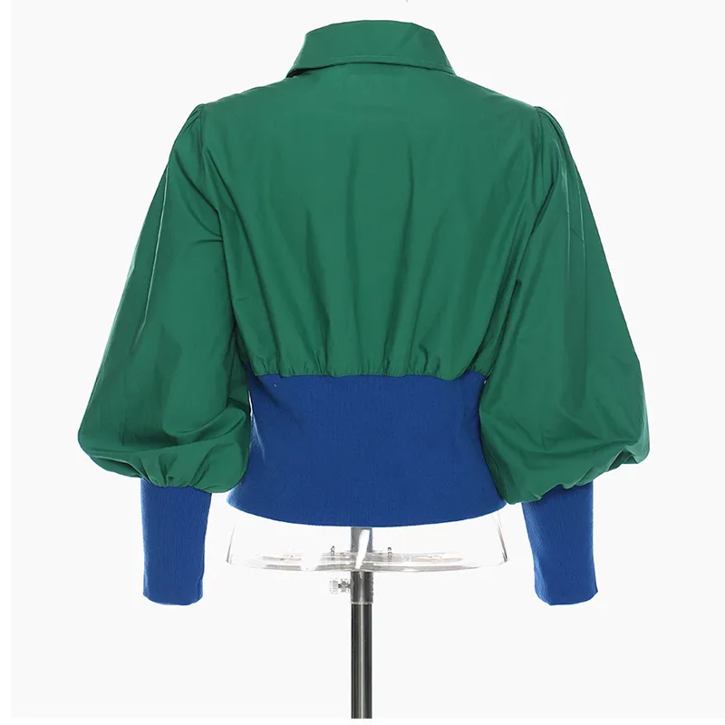 [EAM] Loose Fit Green Contrast Color Krótka kurtka Lapel Z Długim Rękawem Kobiety Płaszcz Moda Wiosna Jesień 1DD6627 210512