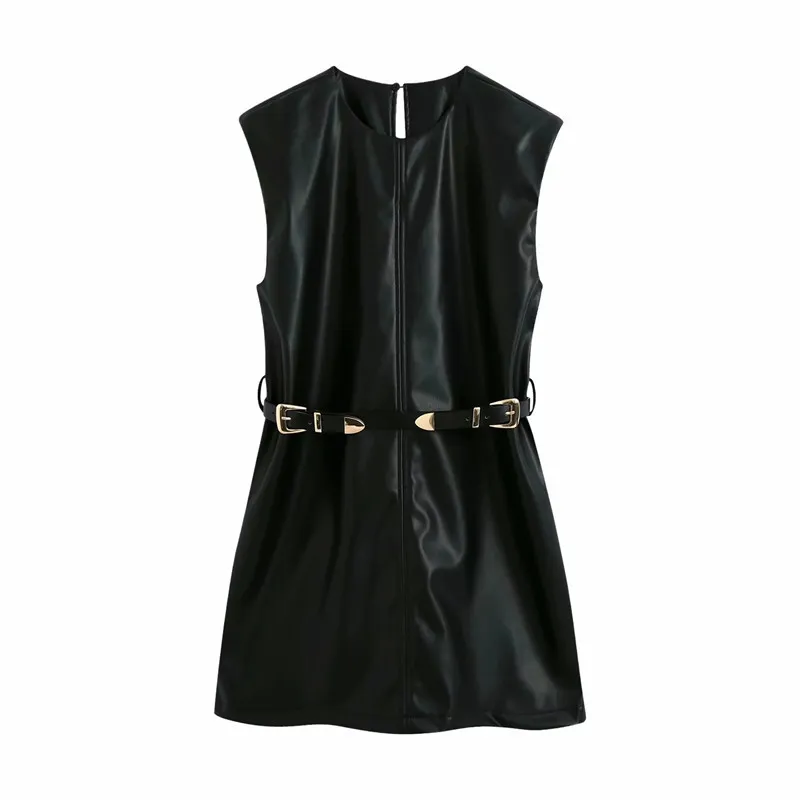 Dress Women Summer Faux Leather Belted Sexy Black Short O-neck With Shoulder Pads Back Opening Mini Ladies es 210519