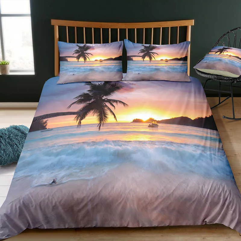 Bedding Sets 3D Digital Printing Custom Quilt Duvet Cover Set Landscape Sea Surface Beach Home Queen King Quilt Pillowcase 211007