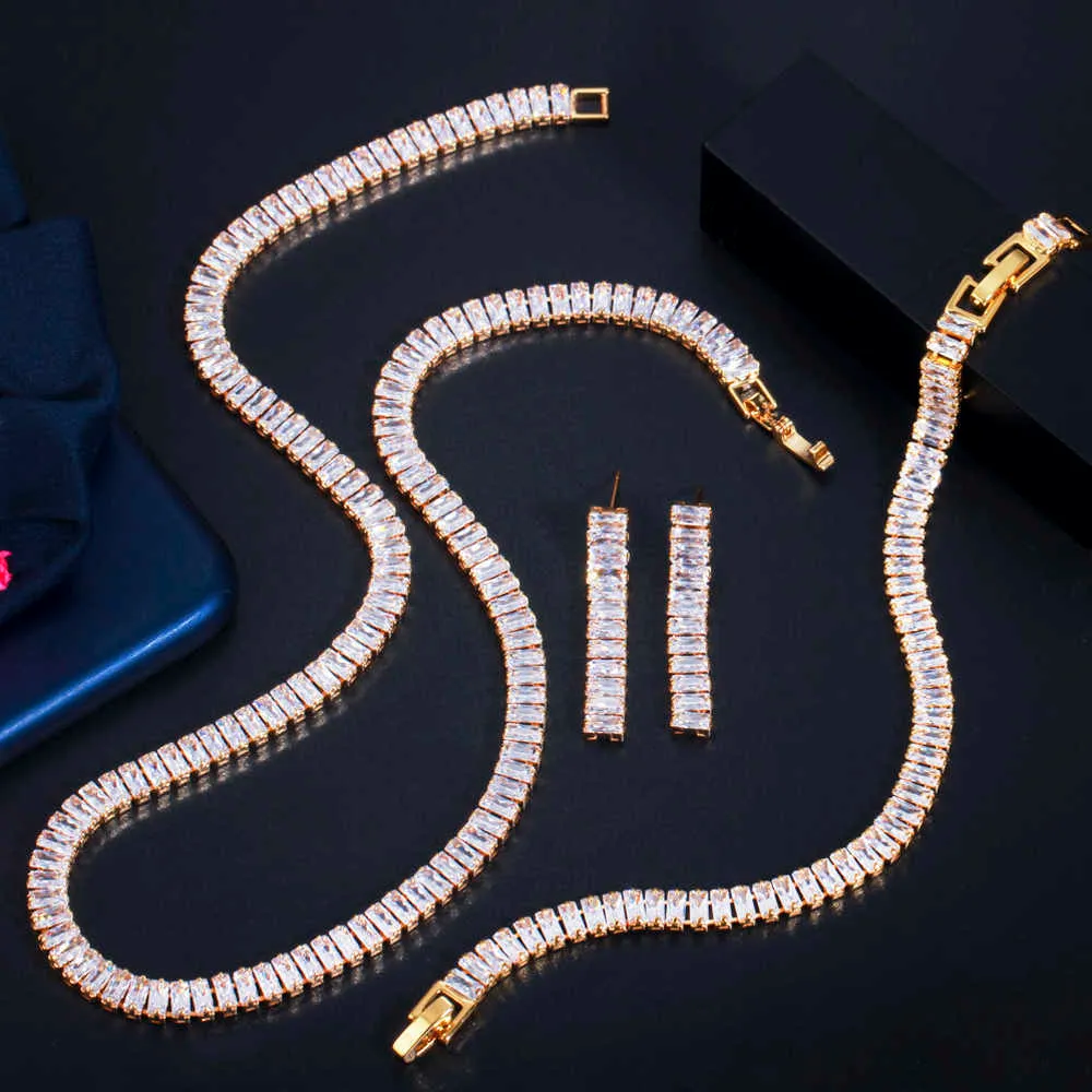 ThreeGraces Classic Wedding Jewelry Sets Sparkling Baguette CZ Crystal Silver Color Earrings Necklace Bracelet for Women TZ586 H1022