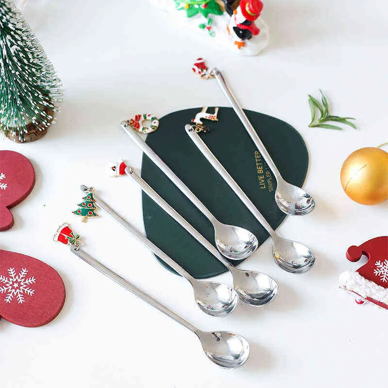 Christmas Ornaments Coffee Spoon Stainless Spoon Christmas Gift Box Set Christmas Decorations Xmas 2022 Year Tea Mixing 211104