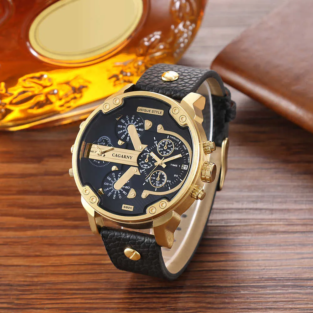 Luxury Cagarny Quartz Watch Men Black Leather Strap Golden Case Dual Times Military dz Relogio Masculino Casual Mens Watches Man X3144