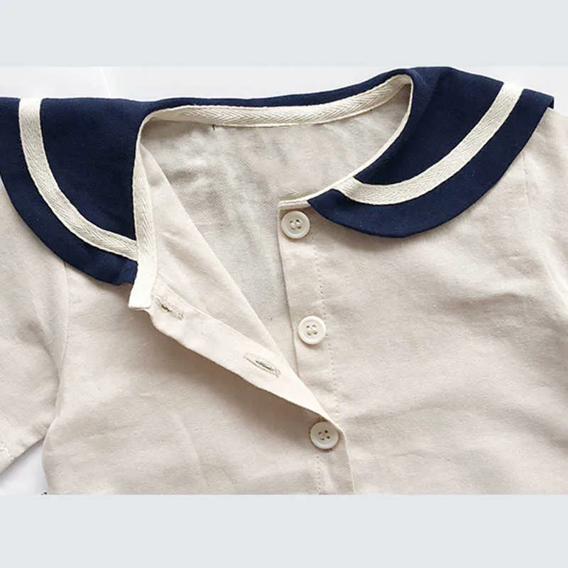 Summer Korean Style Kids Sailor Collar Cotton Linen Clothes Sets Boys Girls T Shirt+Shorts Kid Clothing Baby Boy 210528