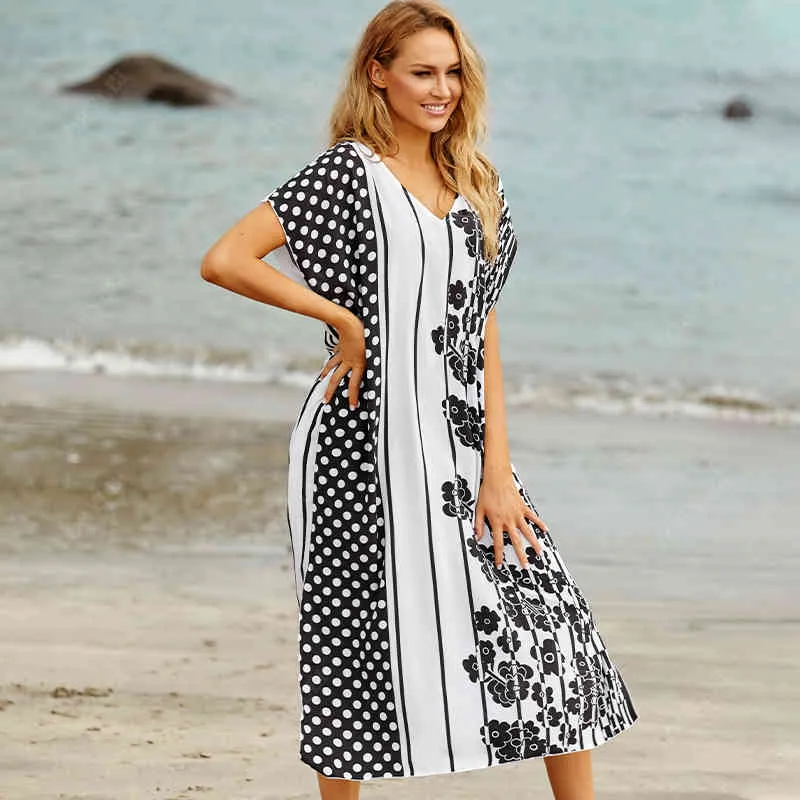 Bikini cover-ups boho v-hals zomer strand jurk tuniek vrouwen plus size sexy slijtage zwemmen pak cover up Q1165 210420