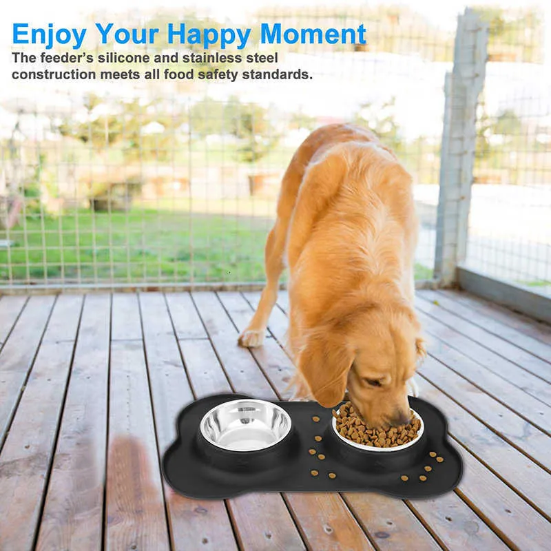 Benepaw Antislip Double Dog Bowl Avec Tapis En Silicone Durable En Acier Inoxydable Pas De Déversement Pour Animaux De Compagnie Alimentation Eau Potable Alimentateur 210615