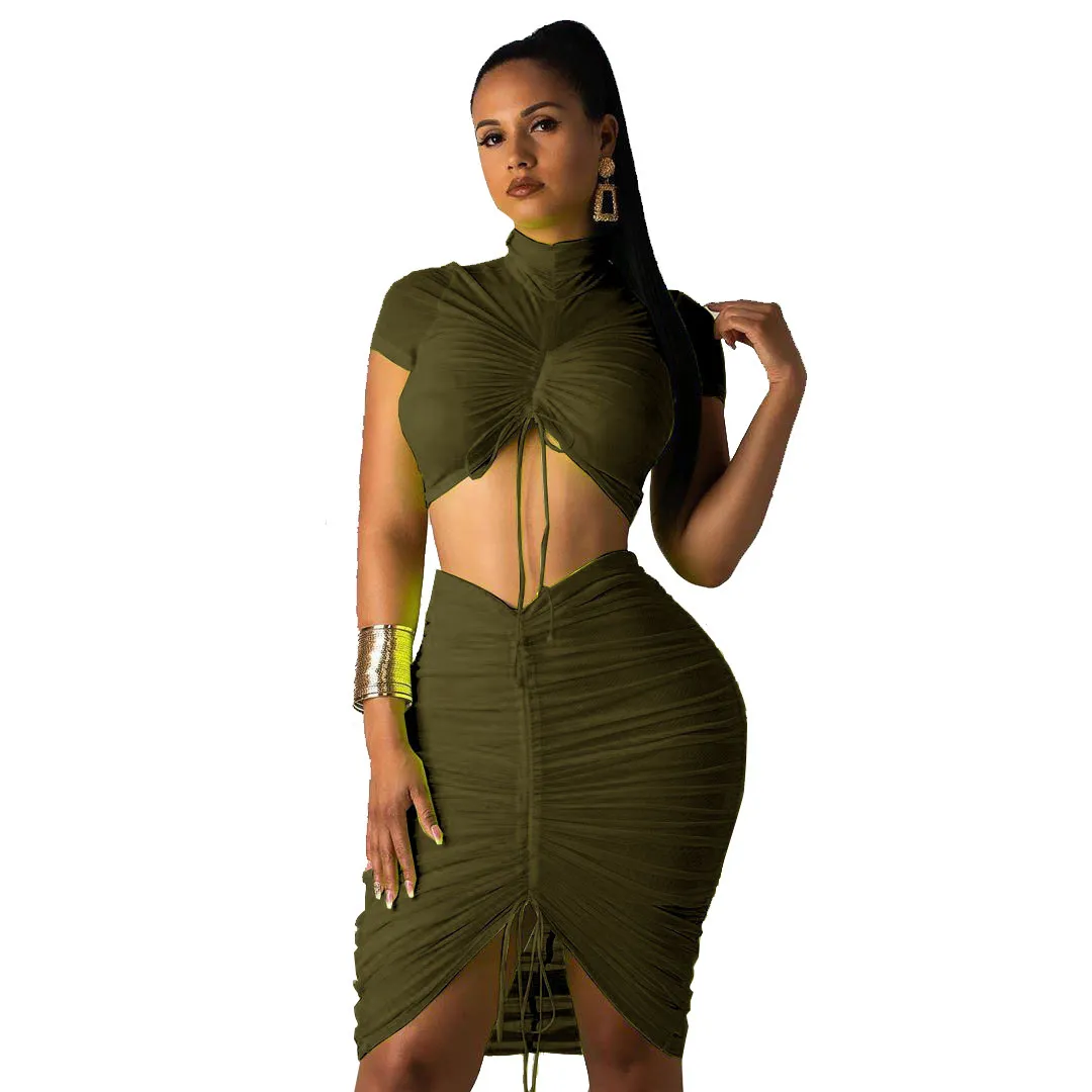 Sommar Neon Kläder Sexig Två Piece Outfits Matchande Sats Kjolar Och Top For Women Dresses Stacked Bandage Party Club Wear 210525