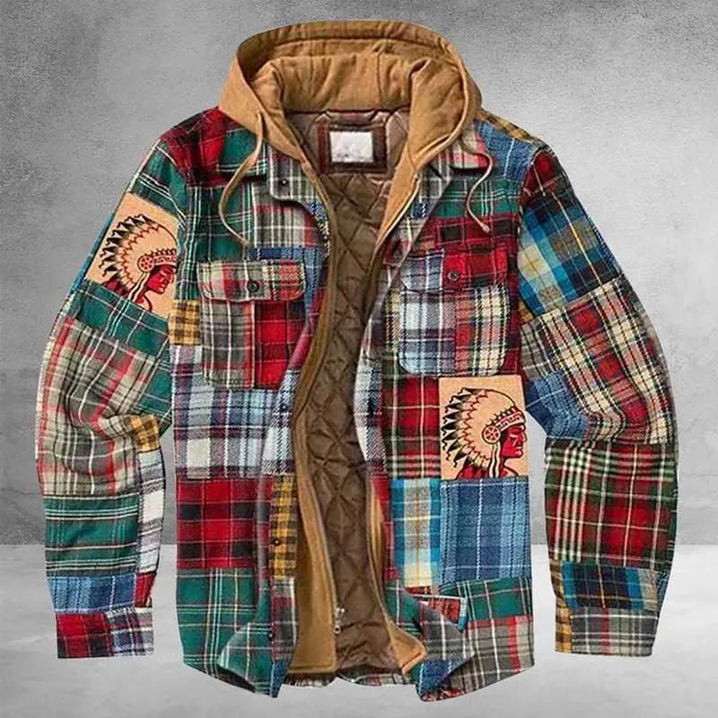 Hombres Retro Vintage Primavera Invierno Manga larga Camisa a cuadros Chaqueta para hombres Chaqueta a cuadros Abrigo Abrigo Abrigo con capucha Chaqueta de bolsillo Abrigo 210927