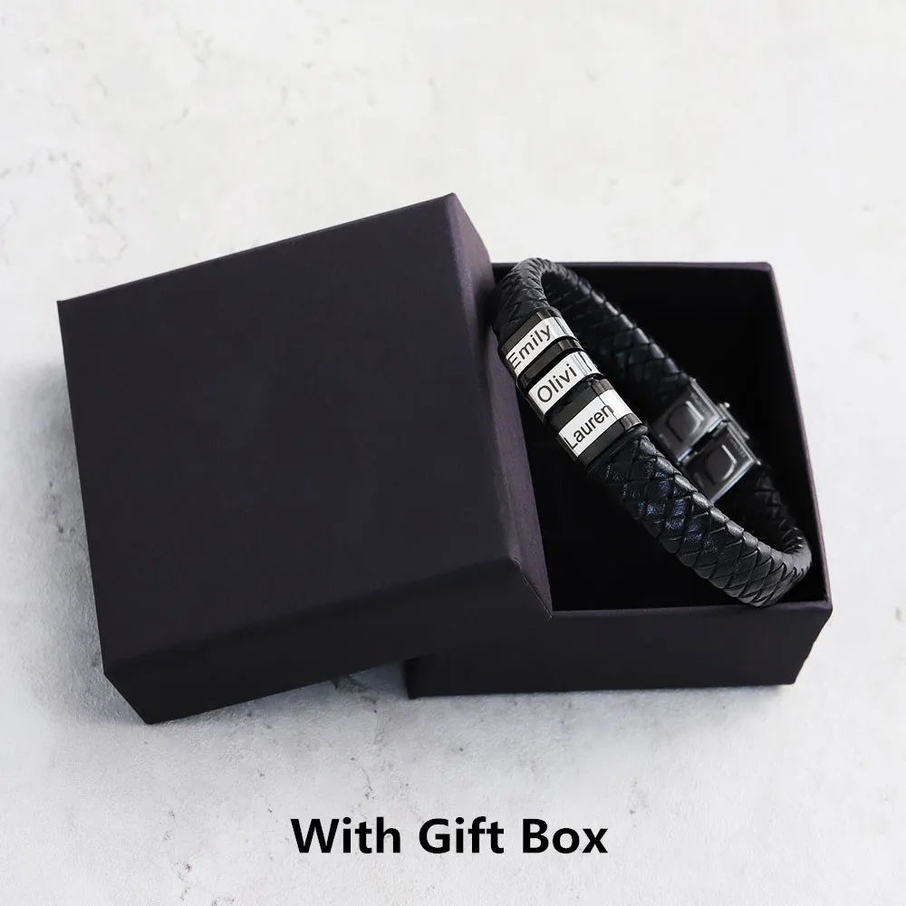 Bracelets en corde tressée en cuir pour hommes, personnalisés, authentiques, noms personnalisés 1 à 9, perles, bijoux, cadeau avec boîte-cadeau
