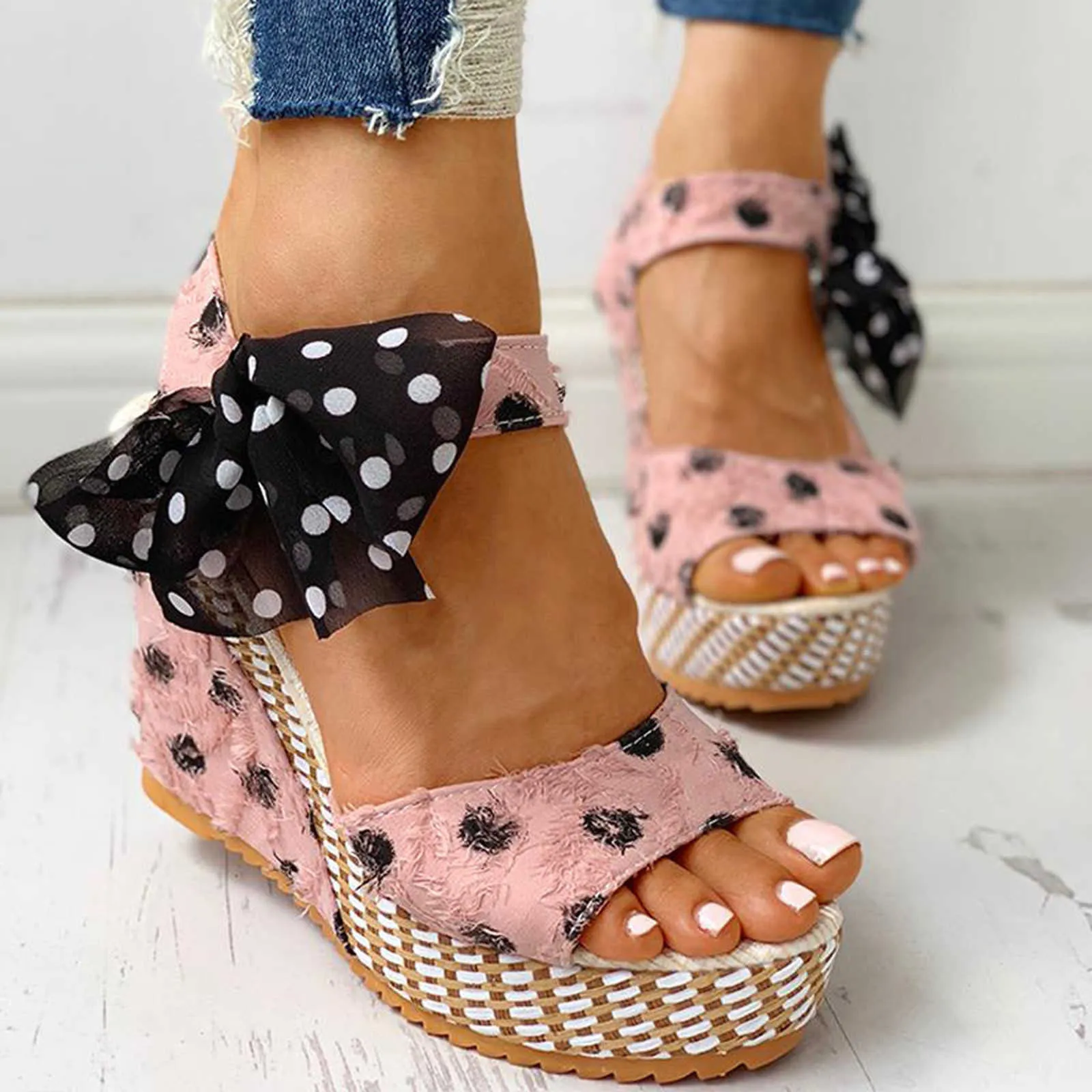 TELOTUNY sandals Women's Platform Wedges Heel Sandals Fashion Cotton Fabric Dot Lace-up Shoes Footwear 2021 Summer Y0721