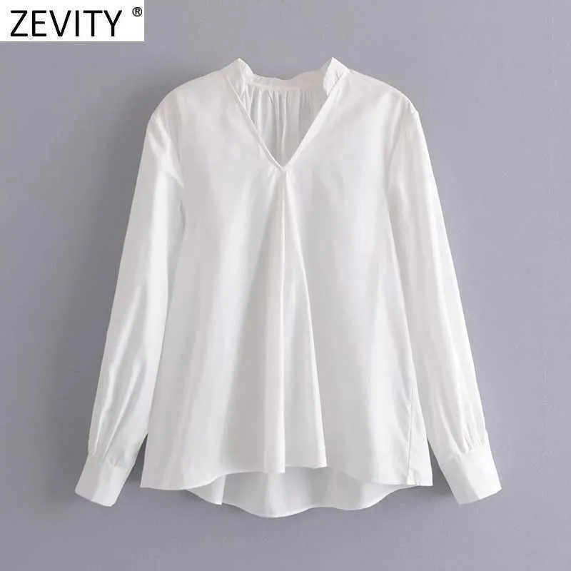 Zevity kvinnor mode v nacke solid färg avslappnad vit smock skjorta kontor dam tillbaka pleat blouse roupas chic femininas toppar ls7606 210603